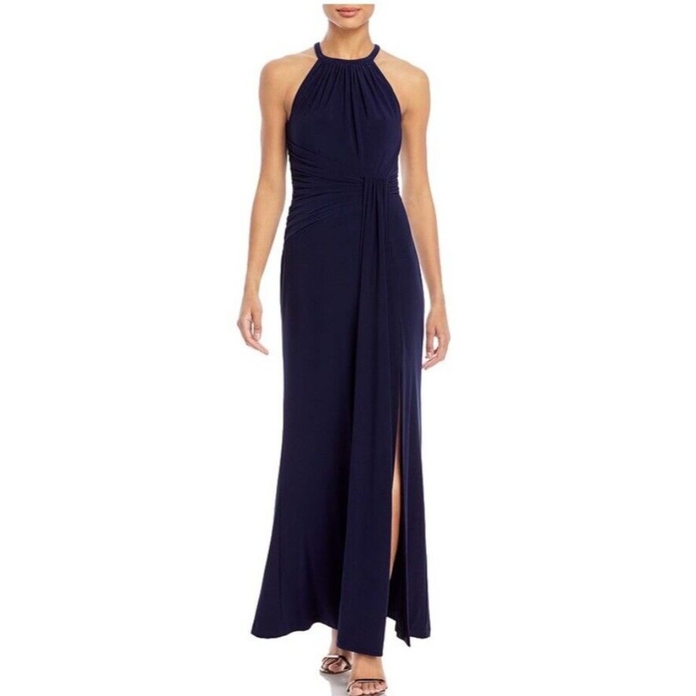 NEW Eliza J Ruched Waist Halter Gown in Navy (Size 10)
